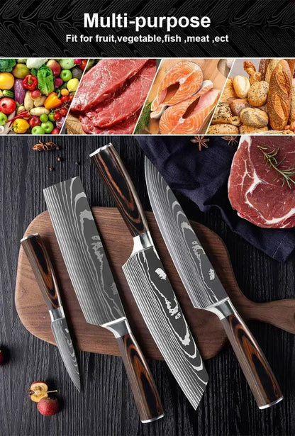 Laser Damascus Kitchen Knife Set – Cleaver, Santoku, Bread, Boning & Kitchen Scissors