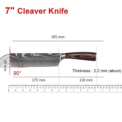 Laser Damascus Kitchen Knife Set – Cleaver, Santoku, Bread, Boning & Kitchen Scissors