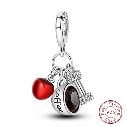 925 Sterling Silver Red Wine, Chili & Dumbbell Charm Bead – Fun DIY Jewelry