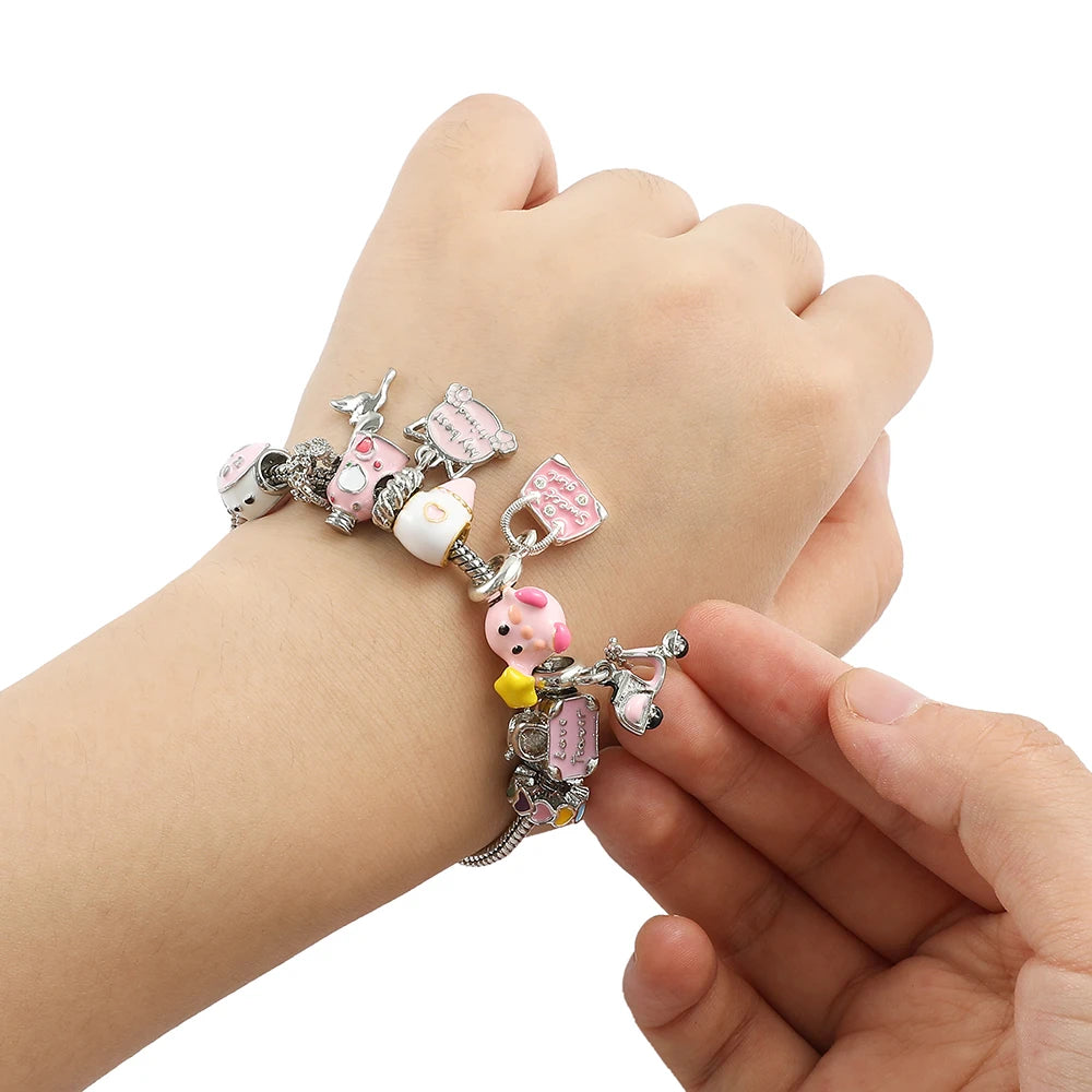 Kawaii Kirby Anime Bracelet – Pink Pendant Snake Chain Bangle