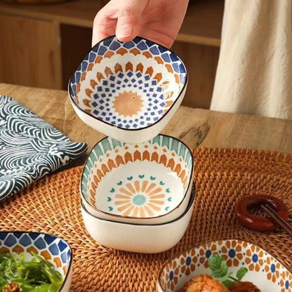 Bohemian Ceramic Sauce & Snack Bowl – Small Square Japanese Style Pickle & Condiment Dish