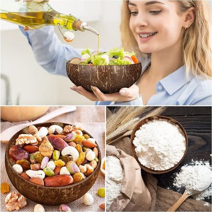 Natural Coconut Shell Bowls – Reusable Wooden Salad & Breakfast Serving Bowls for Parties