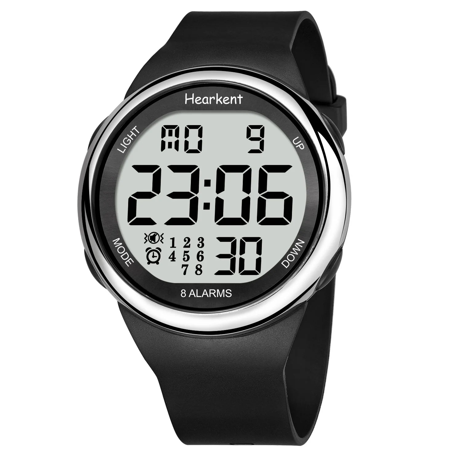 Digital watch with black strap and screen on a white background