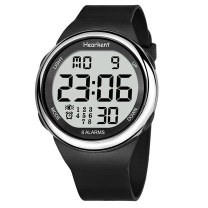 Digital watch with black strap and screen on a white background