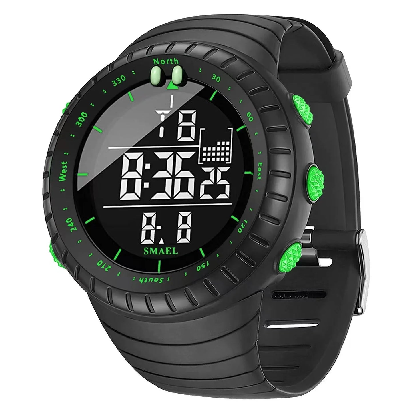Black digital watch with green accents on a white background