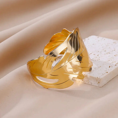Classic Gold Leaf Opening Bangle – Stainless Steel Bracelet for Women