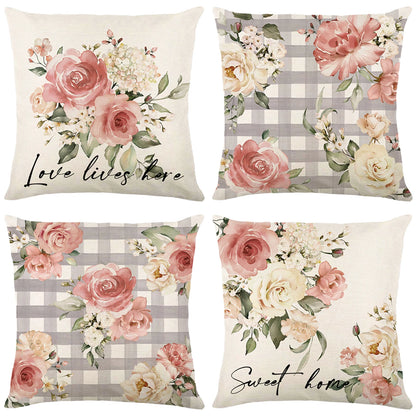 4-Piece Floral Linen Throw Pillow Cases – Square Waist Protection Cushion Covers for Sofa & Bed 45x45CM