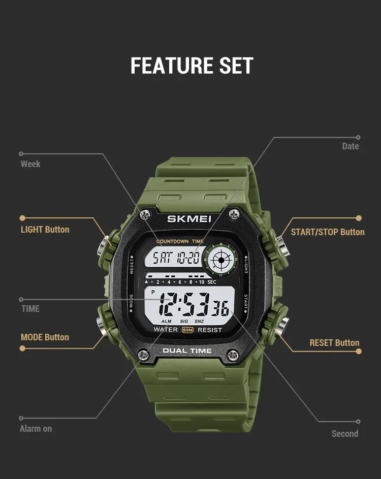 SKMEI 2126 Digital Countdown Sports Watches for Men LED Display Waterproof Stopwatch Mens Wristwatch Alarm Clock montre homme - BeeTrendyShop.COM