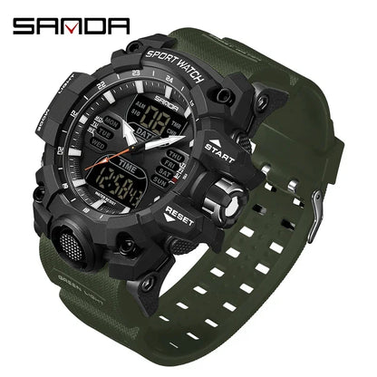 Green and black sports watch with digital display on a white background