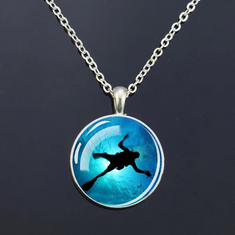 Ocean Marine Animal Glass Dome Pendant Necklace – Sea Turtle, Dolphin & Starfish Long Chain