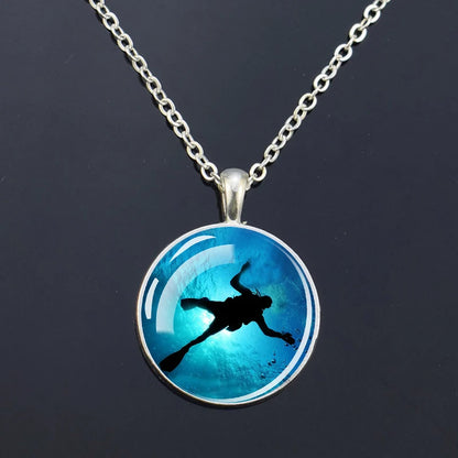 Ocean Marine Animal Glass Dome Pendant Necklace – Sea Turtle, Dolphin & Starfish Long Chain
