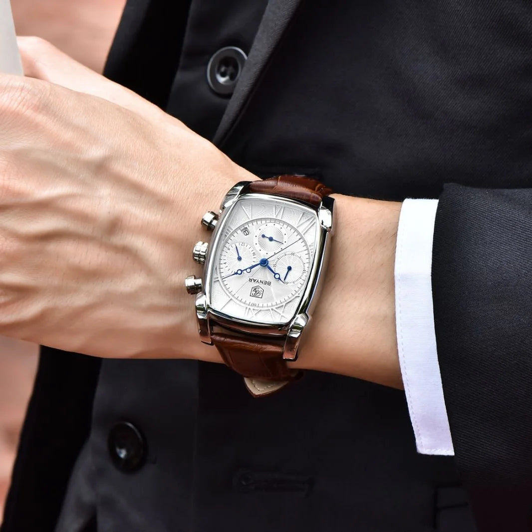 Relogio Masculino Mens Watches Top Luxury Brand BENYAR Chronograph Leather Quartz Watch Men Military Sport Rectangle Wristwatch - BeeTrendyShop.COM