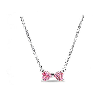 925 Sterling Silver Pink Bow Zircon Jewelry Set – Ring, Earrings, Bracelet & Necklace