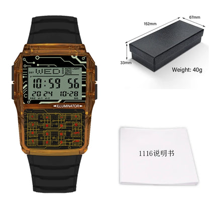 Digital watch with black strap and detailed display, accompanied by a box and manual on a white background.