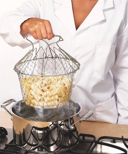 Telescopic Foldable Stainless Steel Deep Fry Basket – Wire Mesh French Fries Serving Basket