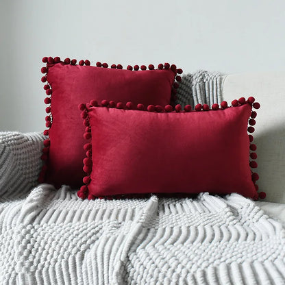 Soft Velvet Decorative Cushion Cover with Pom-Pom Ball – Sofa & Bedroom Pillowcase Blue Pink