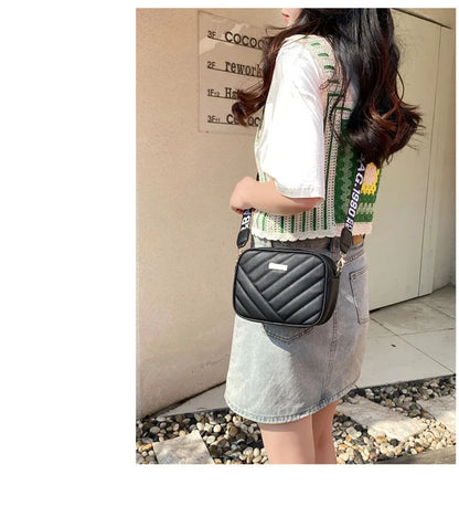 High quality women's PU rolling strip camera bag shoulder bag mobile phone bag casual crossbody bag - BeeTrendyShop.COM