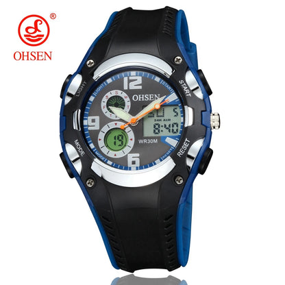Black and blue OHSEN watch with digital and analog display on a white background