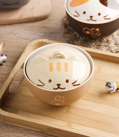 Japanese Cute Cartoon Animal Ceramic Soup Bowl with Lid – Instant Noodle & Rice Bowl Tableware