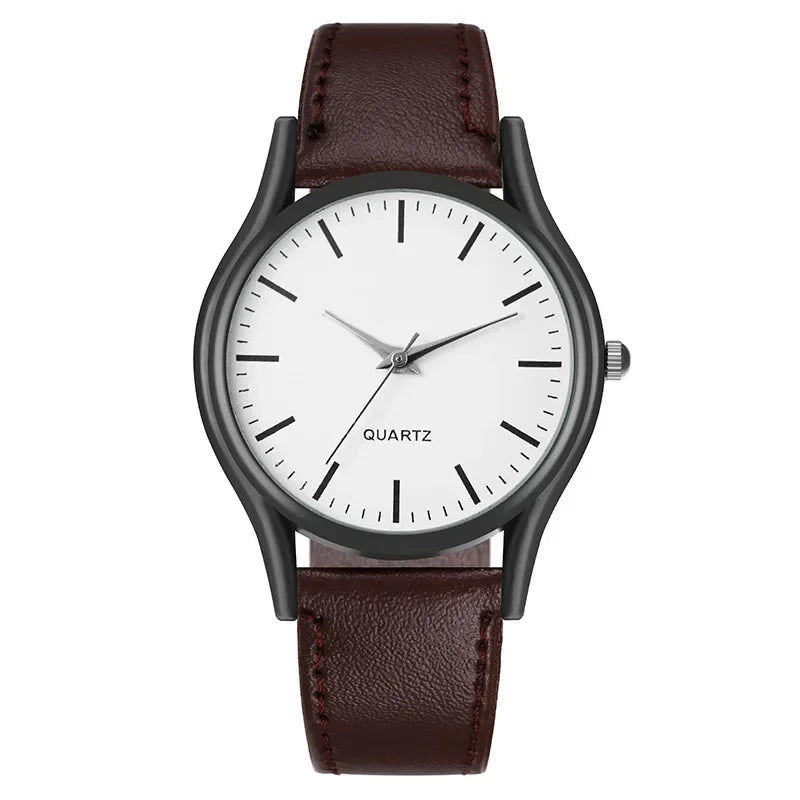 Wristwatch with brown leather strap and white face on a white background