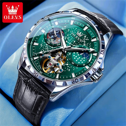 Luxury watch with green face and black leather strap on a blue background, featuring the OLEVS brand.