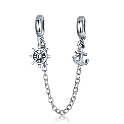 925 Sterling Silver Safety Chain Charm – Heart, Key & Flower CZ Stopper Bead