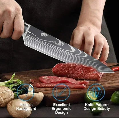 Laser Damascus Kitchen Knife Set – Cleaver, Santoku, Bread, Boning & Kitchen Scissors