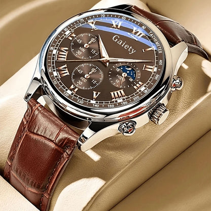 Luxury watch with brown leather strap and detailed face on beige surface