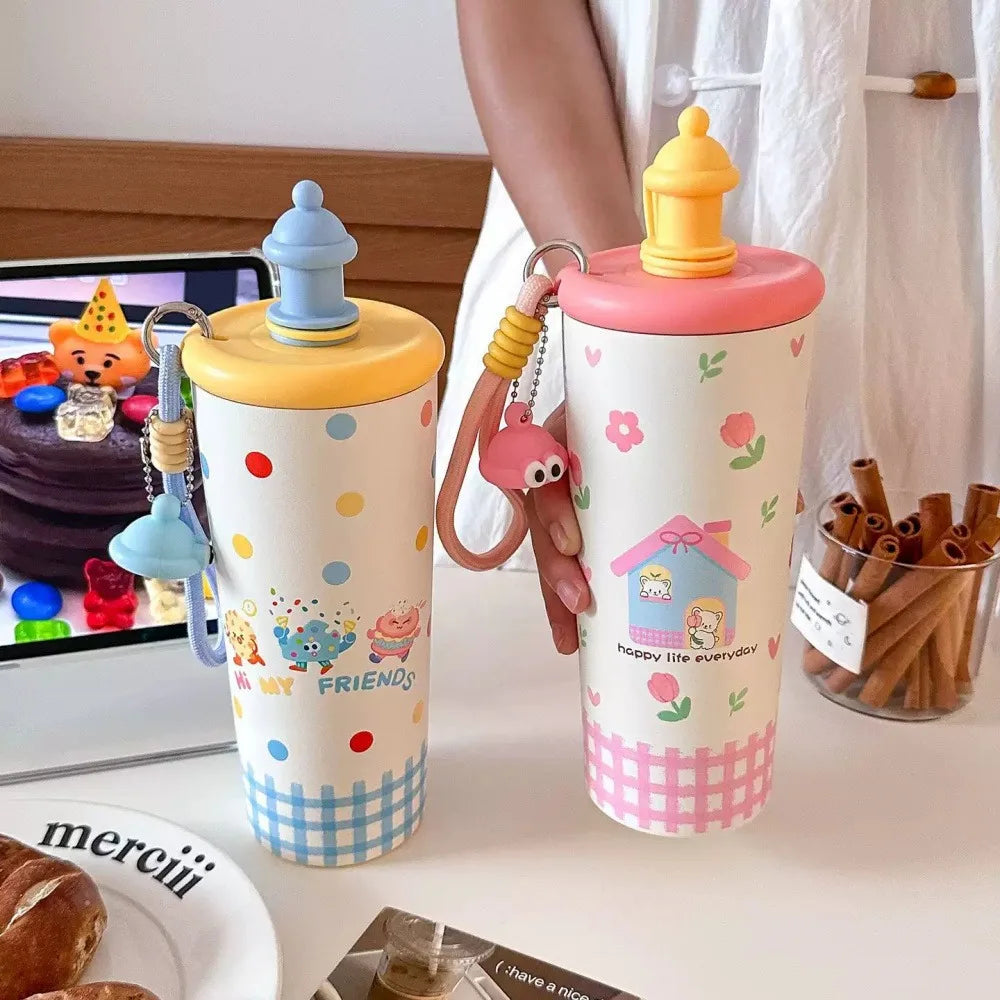 700ML Cute Thermos Bottle with Straw & Infuser – Stainless Steel Tea Cup for Women