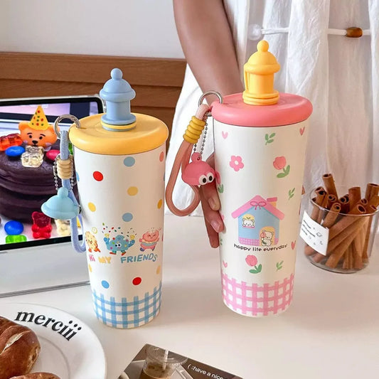 700ML Cute Thermos Bottle with Straw & Infuser – Stainless Steel Tea Cup for Women