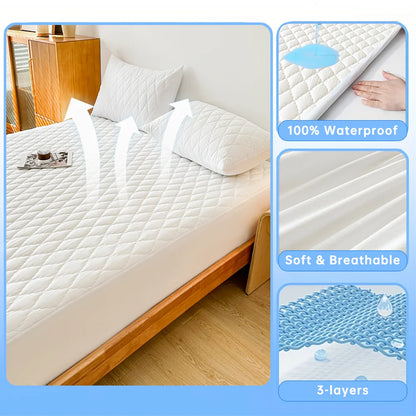 Waterproof Throw Mattress Cover Bed Fitted Sheet Mattress Protector Single/Double/140/160 Muti Size  Gray/White - BeeTrendyShop.COM