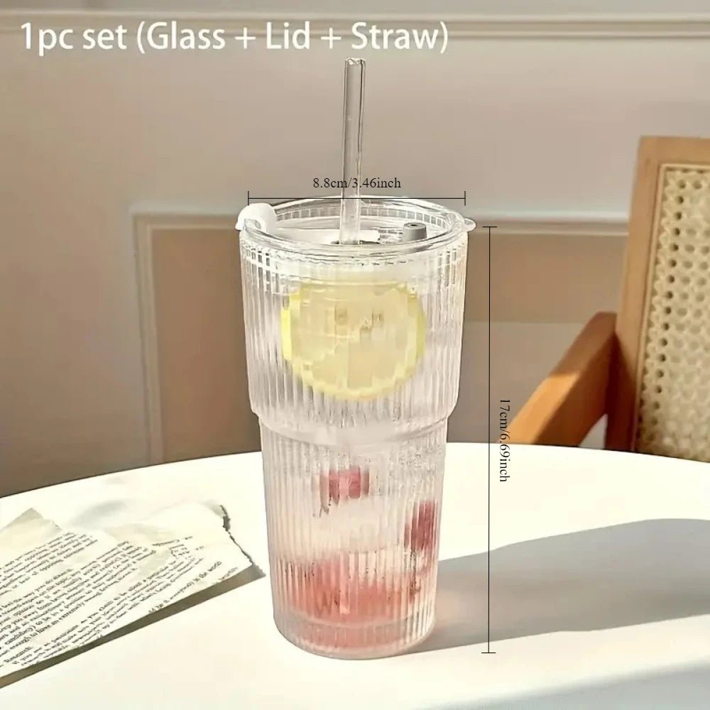 600ML Stripe Glass Cup with Lid & Straw – Transparent Juice Iced Coffee Mug