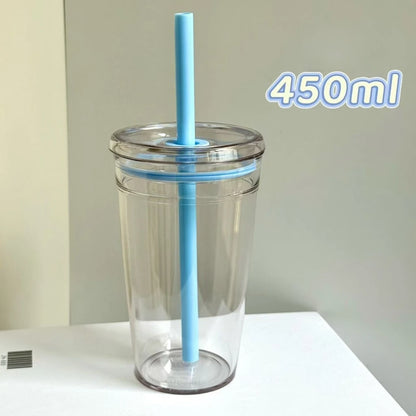 450ML Reusable Plastic Straw Cup – Transparent Coffee Tumbler for Car & Office