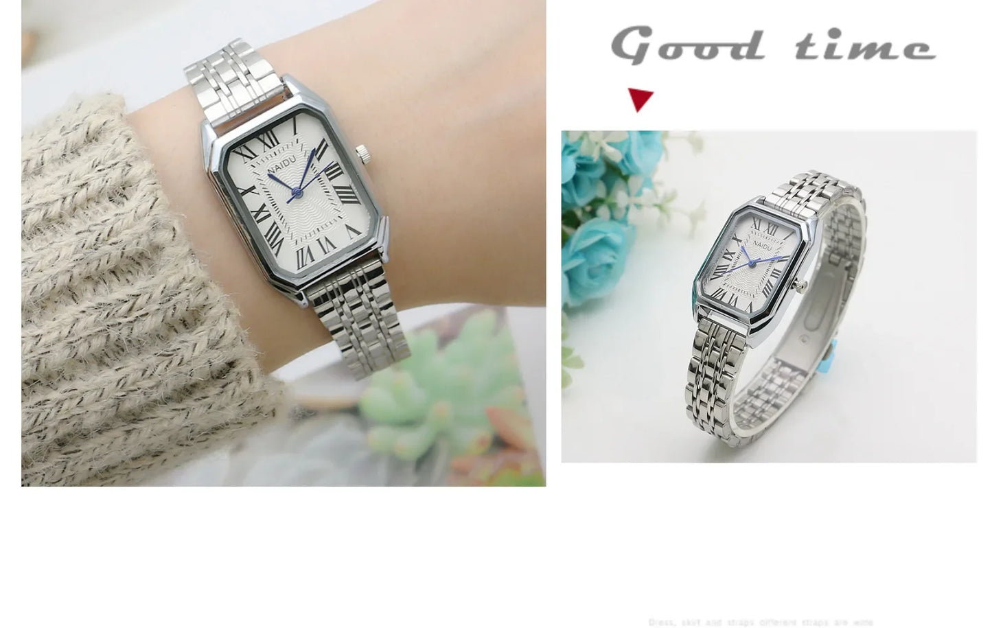 Silver wristwatch on a wrist with a floral background and text 'Good time' above.