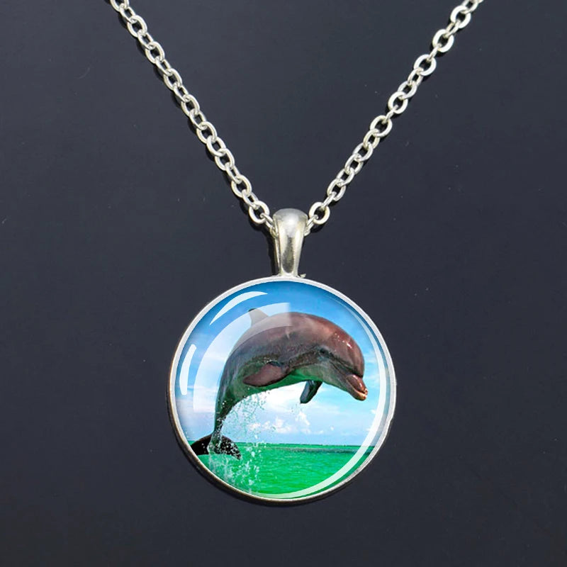 Ocean Marine Animal Glass Dome Pendant Necklace – Sea Turtle, Dolphin & Starfish Long Chain