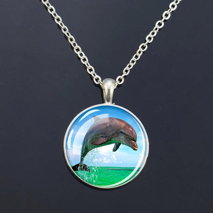 Ocean Marine Animal Glass Dome Pendant Necklace – Sea Turtle, Dolphin & Starfish Long Chain