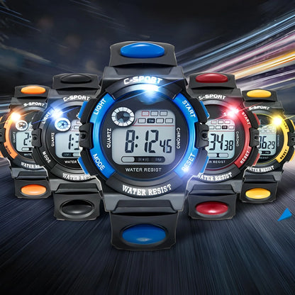 Multiple digital sports watches with colorful buttons on a dynamic background