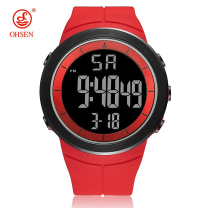 Red digital watch with black display on a white background, featuring the Ohlsen brand.