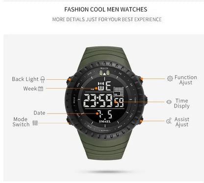 Men's Digital Military Sport Watch – Waterproof, Big Dial, Tactical Black, Stopwatch