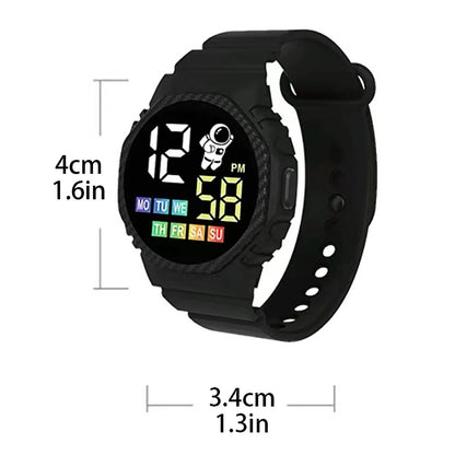 Black digital watch with measurements on a white background