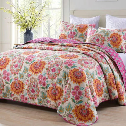 100% Cotton Quilted Bedspread – Rural Retro Bed Cover with Pillowcases for Queen & King Size