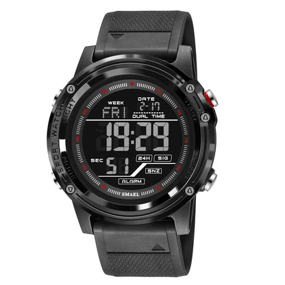 Black digital watch with a white background
