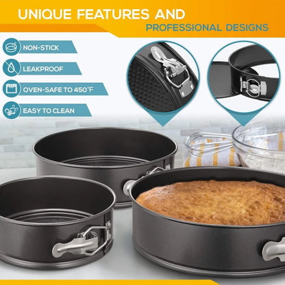3-Piece Non-Stick Springform Cheesecake Pan Set – Leak-Proof Round Cake Mold 4/7/9 Inch