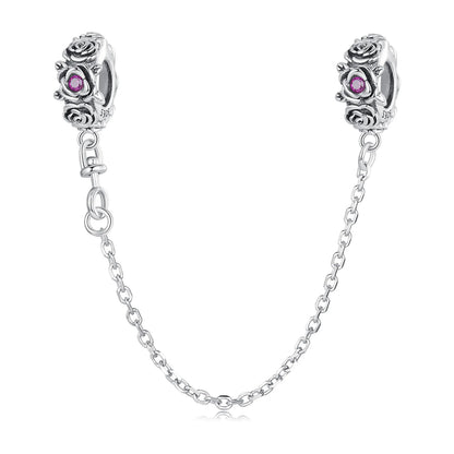 925 Sterling Silver Safety Chain Charm – Heart, Key & Flower CZ Stopper Bead
