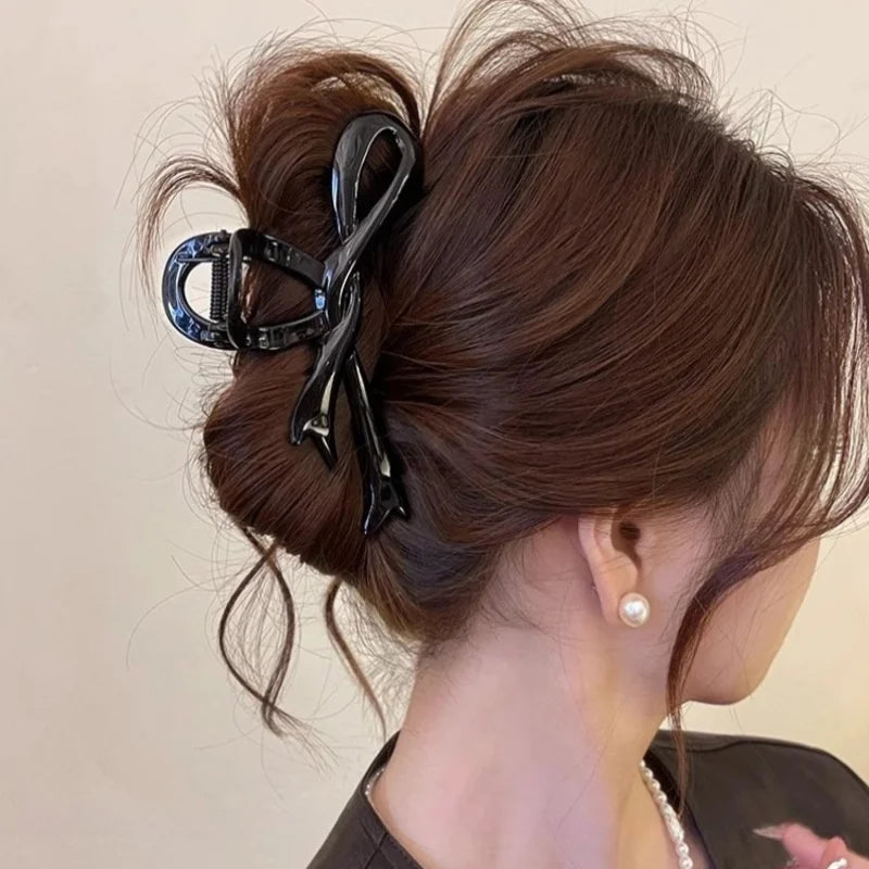 13cm Acrylic Ribbon Bow Hair Claw Clip – Glossy Shark Ponytail Barrette for Women