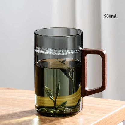 Glass Coffee Mug with Wooden Handle – Transparent Tea Cup Kitchen Coffeeware