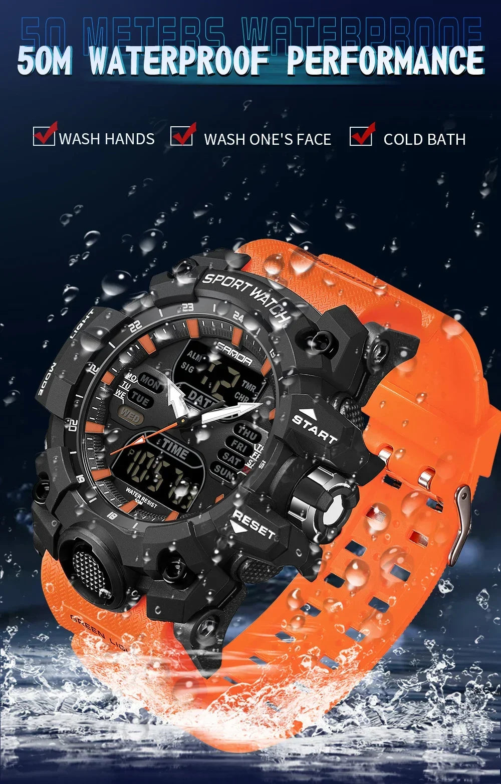 SANDA 6126  Digital Clock Dual Display Men Watches Waterproof Sports Watch Military Man Alarm Stopwatch Quartz Wristwatch Male
