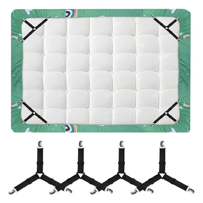 White mattress pad with green border and black straps on a white background