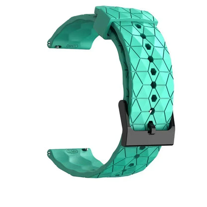Teal geometric-patterned watch strap on a white background