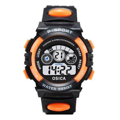Digital watch with black and orange design on a white background